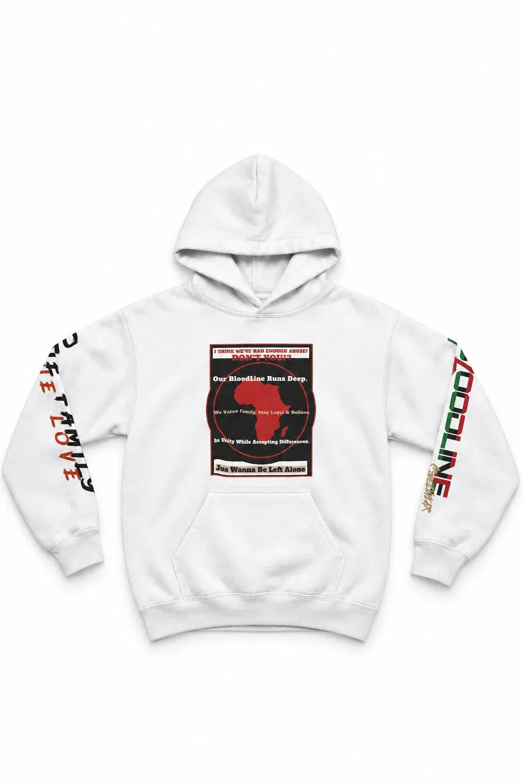 An white pullover hoodie with a central graphic print featuring a red map of Africa and text, along with red and green text graphics on both sleeves, displayed against a plain white background.